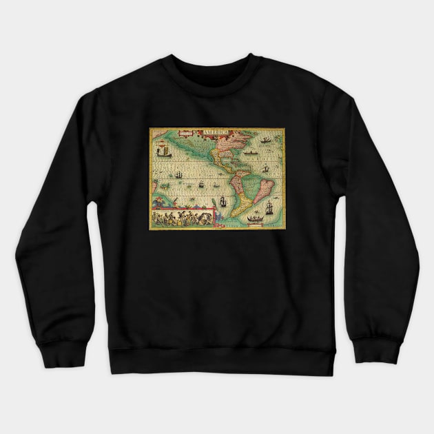 Antique Old World Map of the Americas by Jodocus Hondius Crewneck Sweatshirt by MasterpieceCafe